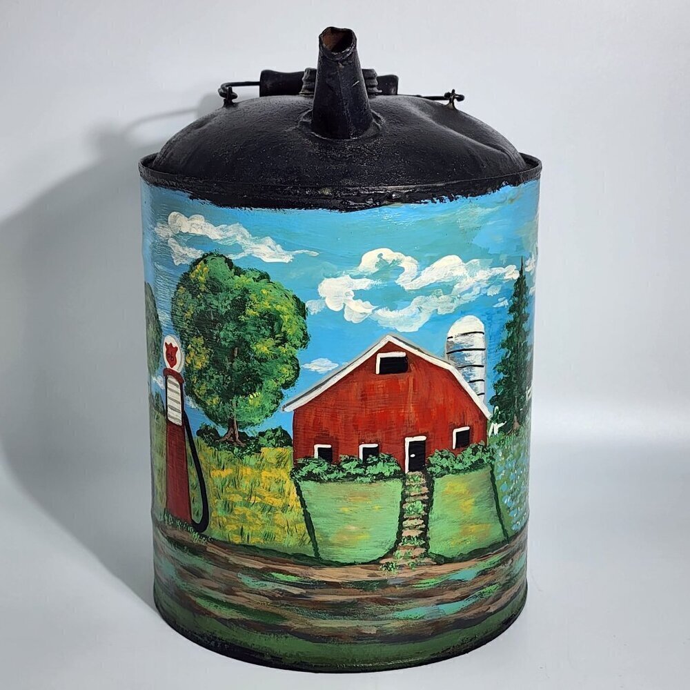 Hand Painted Vintage Metal Oil Can Farm Scene John Deere Tractor Route 66 Art - Picture 2 of 12